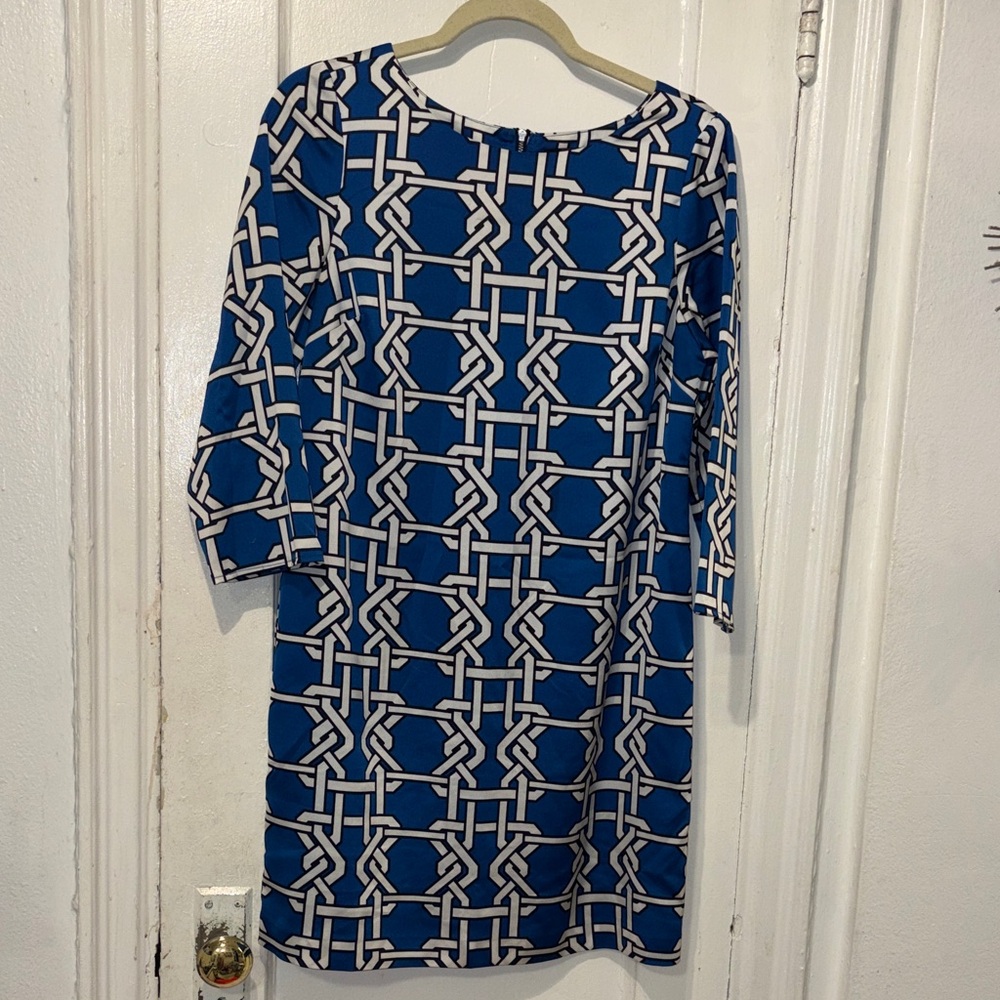 The Limited Blue and White Geometric Shift Dress - Long Sleeve